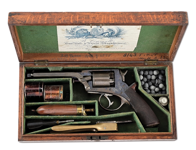 (A) BENJAMIN COGSWELL RETAILED TRANTER PATENT DOUBLE ACTION PERCUSSION REVOLVER WITH CASE.