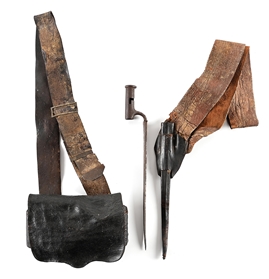 REVOLUTIONARY WAR ERA 26-HOLE CARTRIDGE BOX AND BAYONET RIG.