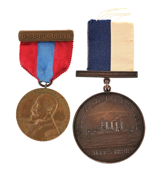 LOT OF 2: US SPANISH AMERICAN WAR USS BROOKLYN SAMPSON AND COMMEMORATIVE MEDALS.