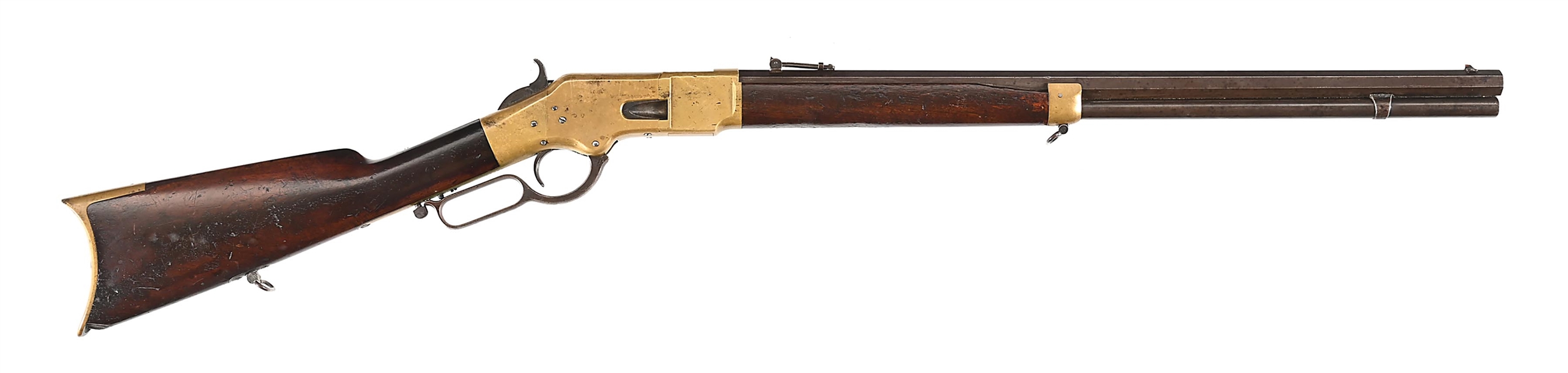 (A) HENRY MARKED WINCHESTER MODEL 1866 LEVER ACTION RIFLE.