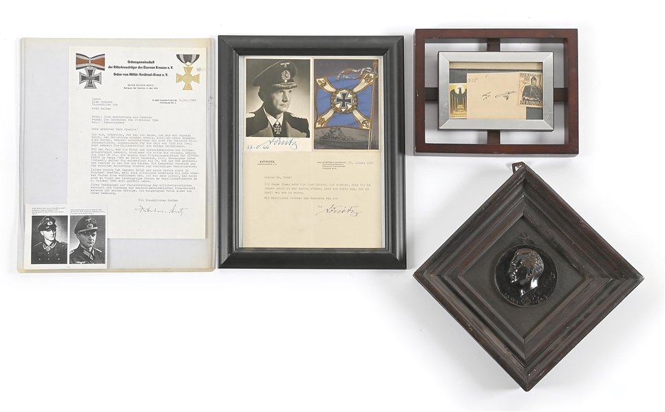 LOT OF 4: ADOLF HITLER, DONITZ, KNIGHTS CROSS WINNER SIGNATURES, AND GORING PLAQUE