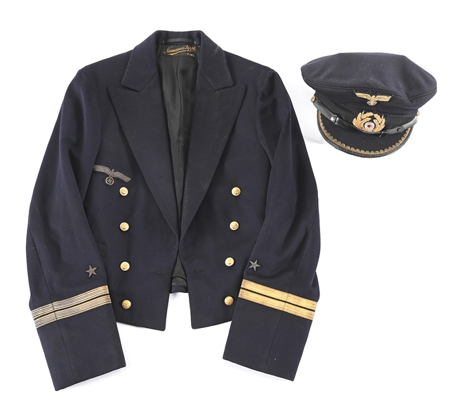 LOT OF 2: GERMAN WWII KRIEGSMARINE OFFICER TUNIC AND VISOR CAP.