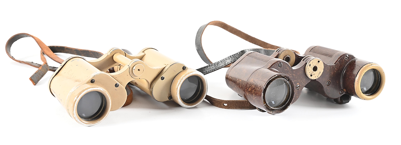 LOT OF 2: GERMAN WWII ORDNANCE TAN DDX AND BAKELITE CXN BINOCULARS.