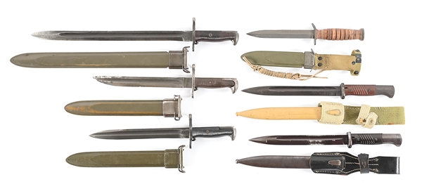 LOT OF 6: US AND GERMAN WWII M1 GARAND & K98 BAYONETS AND M3 FIGHTING KNIFE.