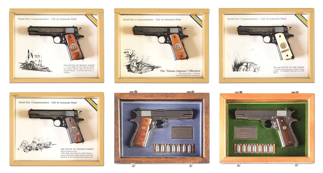 LOT OF 6: COMPLETE SET OF COLT WWI AND WWII COMMEMORATIVE 1911 SEMI-AUTOMATIC PISTOLS WITH CASES.