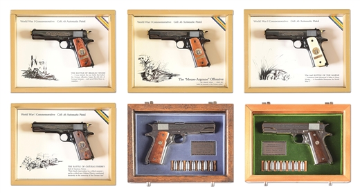 LOT OF 6: COMPLETE SET OF COLT WWI AND WWII COMMEMORATIVE 1911 SEMI-AUTOMATIC PISTOLS WITH CASES.