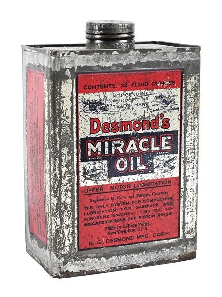 DESMONDS MIRACLE OIL CAN W/ MOTORCYCLE, CAR, BOT & AIRPLANE GRAPHIC. 