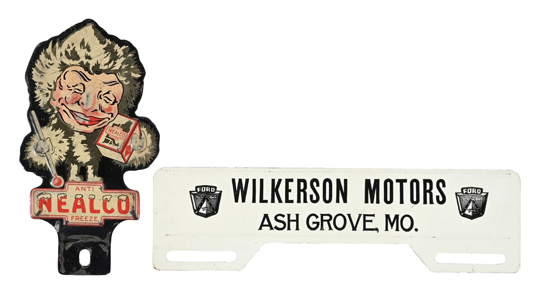 COLLECTION OF 2: WILKERSON MOTORS AND ANTI NEALCO FREEZE TIN LICENSE PLATE TOPPERS