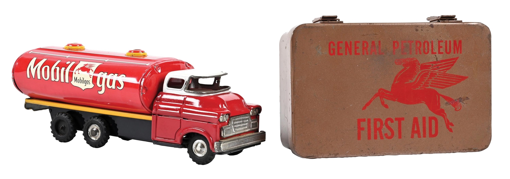 COLLECTION OF 2: MOBILGAS TIN TOY TRUCK AND GENERAL PETROLEUM FIRST AID KIT
