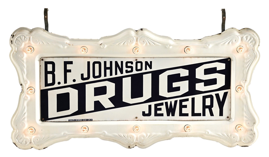 OUTSTANDING B.F. JOHNSON DRUGS & JEWELRY COMPLETE LIGHT UP SIGN W/ ORIGINAL DOUBLE SIDED PORCELAIN MARQUEE FRAME 