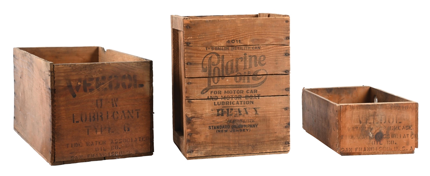 COLLECTION OF 3: VEEDOL & POLARINE WOODEN OIL CAN SHIPPING CRATES