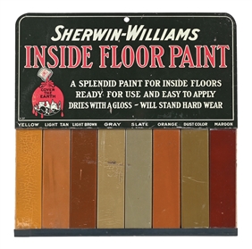 SHERWIN WILLIAMS INSIDE FLOOR PAINT TIN STORE DISPLAY W/ SAMPLE WOODEN PANELS. 