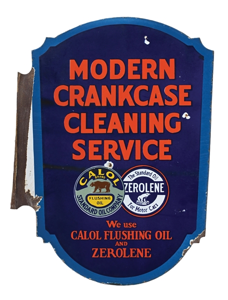 EXTREMELY RARE ZEROLENE MOTOR OILS CRANKCASE CLEANING SERVICE PORCELAIN SIGN. 