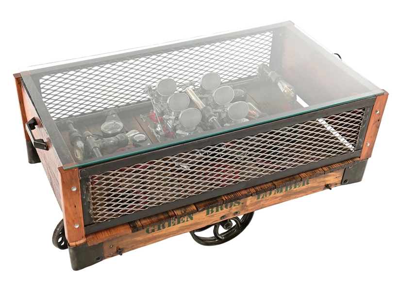 ORNATE GREEN BROTHERS LUMBER INDUSTRIAL COFFEE TABLE CART SHOWING AUTOMOTIVE INTERIOR DISPLAY