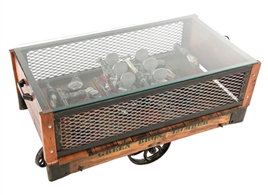 ORNATE GREEN BROTHERS LUMBER INDUSTRIAL COFFEE TABLE CART SHOWING AUTOMOTIVE INTERIOR DISPLAY