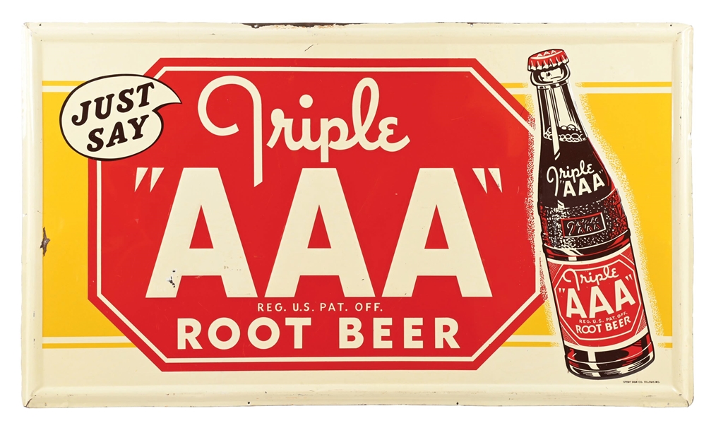 LARGE JUST SAY TRIPLE "AAA" ROOT BEER EMBOSSED TIN SIGN W/ BOTTLE GRAPHIC. 
