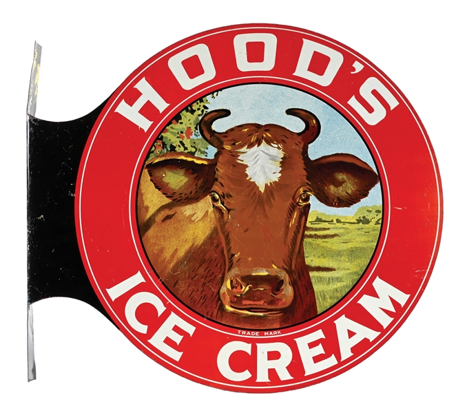 HOODS ICE CREAM TIN FLANGE SIGN W/ COW GRAPHIC. 