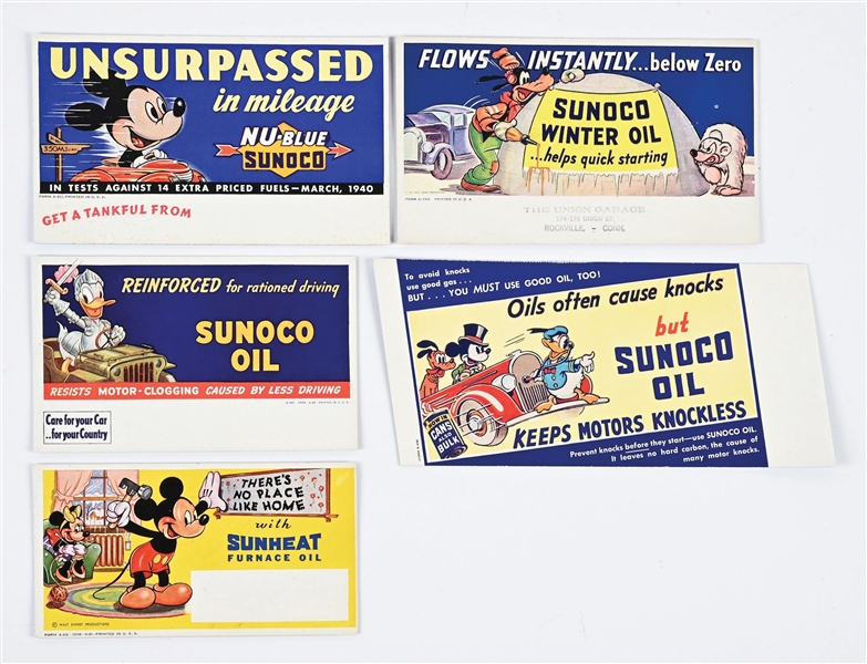 COLLECTION OF 5: NEW OLD STOCK SUNOCO INK BLOTTERS W/ MICKEY MOUSE DISNEY CHARACTER GRAPHICS. 
