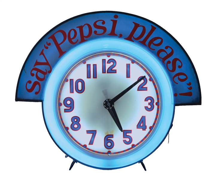 SAY "PEPSI, PLEASE"! NEON CLOCK WITH BONNET