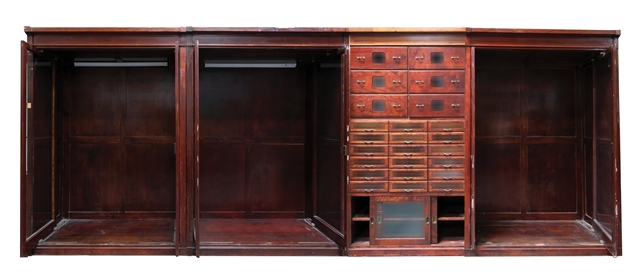 4 SECTIONS OF MAHOGANY HABERDASHERY CABINETS