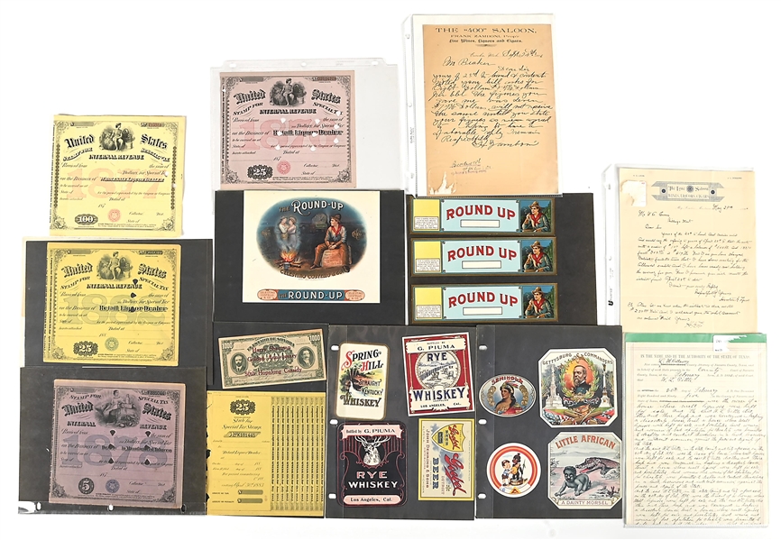 LARGE LOT OF WESTERN RELATED LIQUOR, LABELS, & SALOON ITEMS 