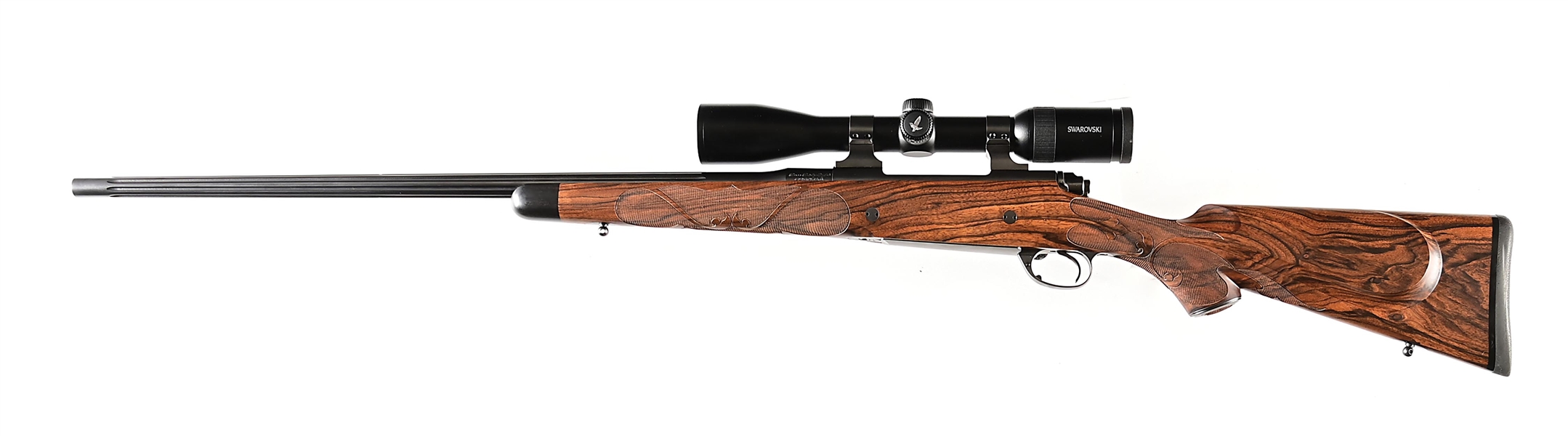 (M) JOHN BOLLINGER .338 RUM BOLT ACTION RIFLE WITH SWAROVSKI GLASS.