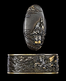 TSUNENAO FUCHI KASHIRA DEPICTING BENKEI AND YOSHITSUNE.