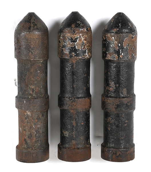 LOT OF 3: SCARCE CAST IRON LINE THROWING CANNON PROJECTILES.