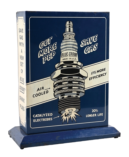 RARE BLUE CROWN SPARK PLUGS TIN STORE DISPLAY CABINET