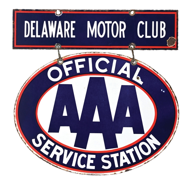 AUTO CLUB DELAWARE MOTOR CLUB OFFICIAL SERVICE STATION 2-PIECE ORCELAIN SIGN