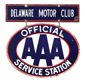 AUTO CLUB DELAWARE MOTOR CLUB OFFICIAL SERVICE STATION 2-PIECE ORCELAIN SIGN