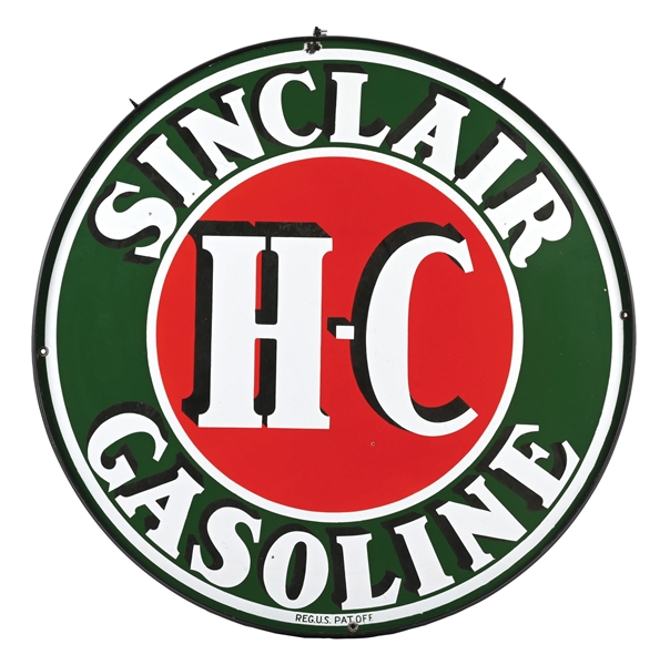 OUTSTANDING SINCLAIR H-C GASOLINE PORCELAIN SIGN W/ METAL RING