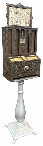RARE C.M. MITCHELL CAST IRON "SILENT SALESMAN" COIN OPERATED SHOE LACE VENDING MACHINE