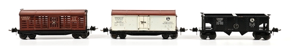 LOT OF 3: PRE-WAR LIONEL O-GA. RUBBER-STAMPED FREIGHT CARS