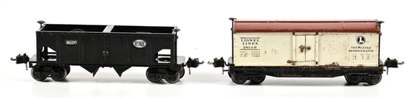 LOT OF 2: PRE-WAR LIONEL O-GA. 2814R VENTILATED REFRIGERATOR CAR AND NO. 816 HOPPER CAR