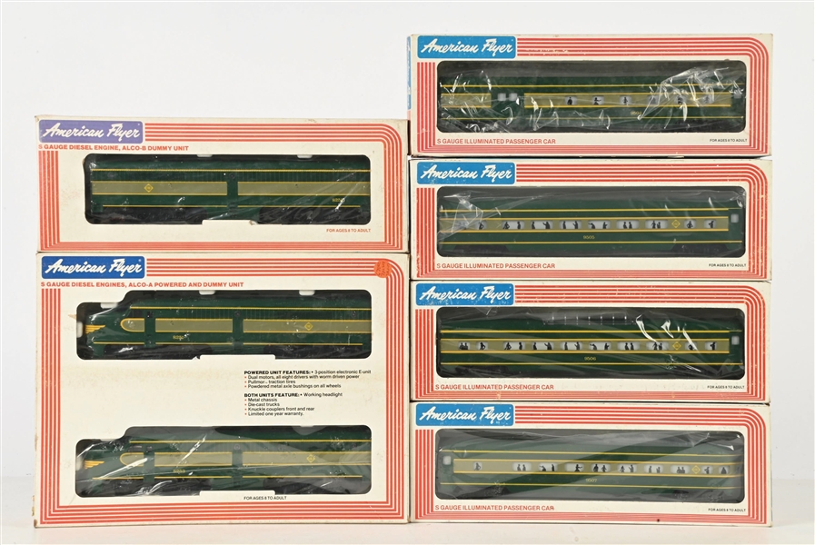 LOT OF 6: AMERICAN FLYER S-GA. ERIE ALCO AA DIESEL POWER & DUMMY UNITS AND ASSORTED PASSENGER CARS