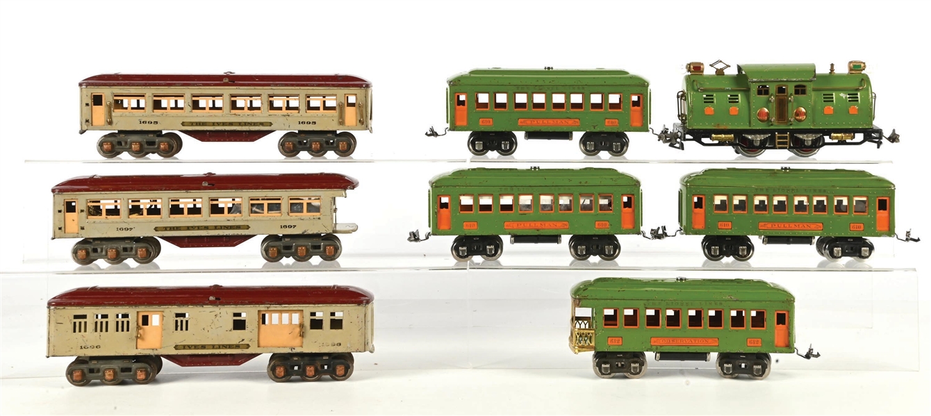 LOT OF 8: IVES AND LIONEL LINES PEA GREEN & RED ASSORTED TRAIN CARS AND ENGINE