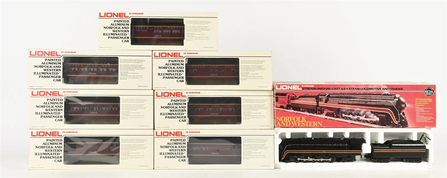 LOT OF 8: LIONEL O-GA. NORFOLK AND WESTERN 4-8-4 STEAM LOCO NO. 6-8100, TENDER, & PASSENGER CARS