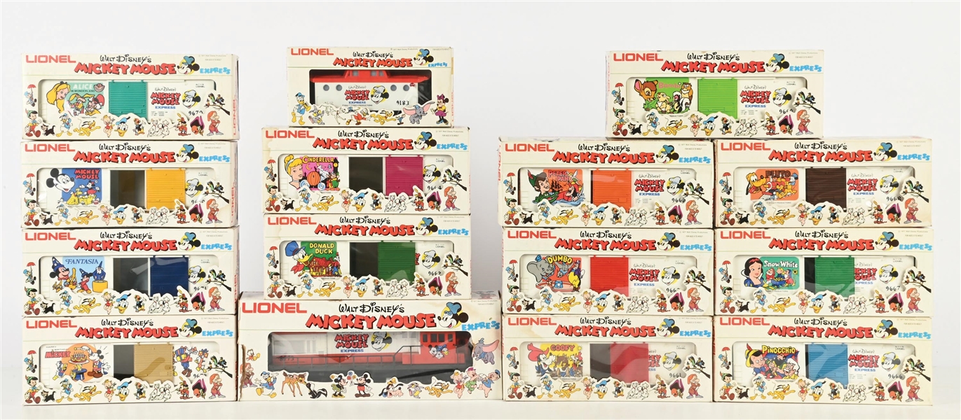 LOT OF 15: LIONEL WALT DISNEYS MICKEY MOUSE EXPRESS U 36B DIESEL ENGINE & ASSORTED BOX CARS
