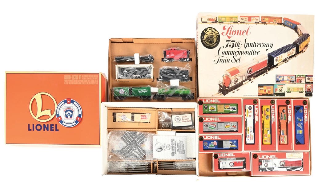 LOT OF 2: LIONEL O-GA. LITTLE LEAGUE BASEBALL READY-TO-RUN 0-27 GA. ELECTRIC TRAIN SET AND 75TH ANNIVERSARY COMMEMORATIVE SET