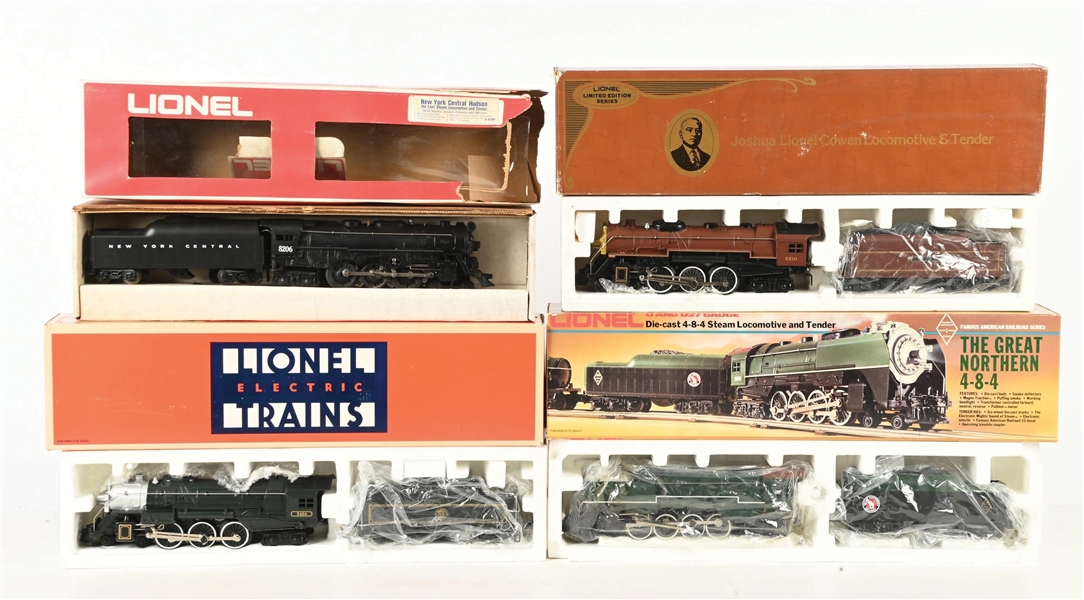 LOT OF 4: VARIOUS LIONEL O-GA. DIE-CAST STEAM LOCOMOTIVES W/ TENDERS IN BOXES
