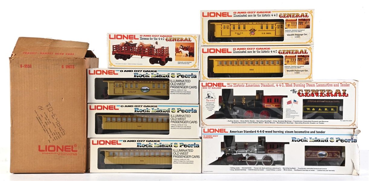 LOT OF 8: LIONEL ROCK ISLAND & PEORIA AND GENERAL LOCOS W/ PASSENGER CARS