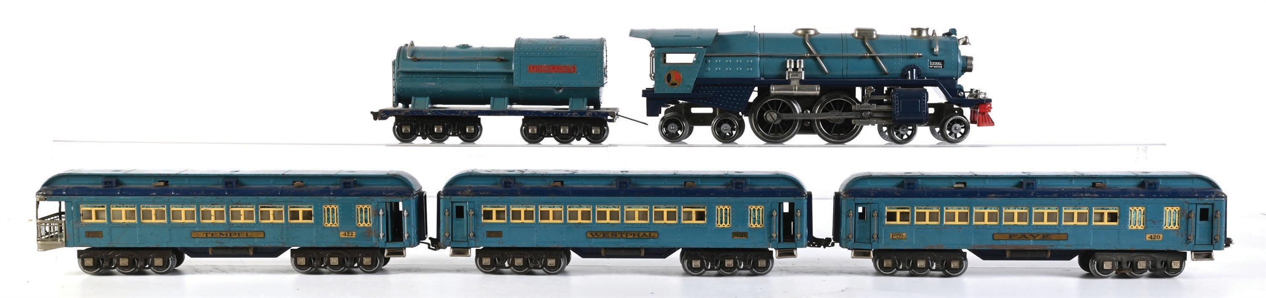 SET OF 5: LIONEL STANDARD GA. NO. 400E BLUE COMET STEAM LOCOMOTIVE W/ TENDER AND PASSENGER CARS