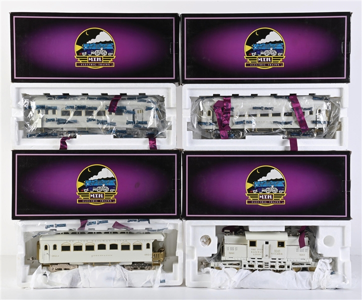 LOT OF 4: MTH TINPLATE TRADITIONS WHITE 3243R ELECTRIC ENGINE WITH PASSENGER CARS SET