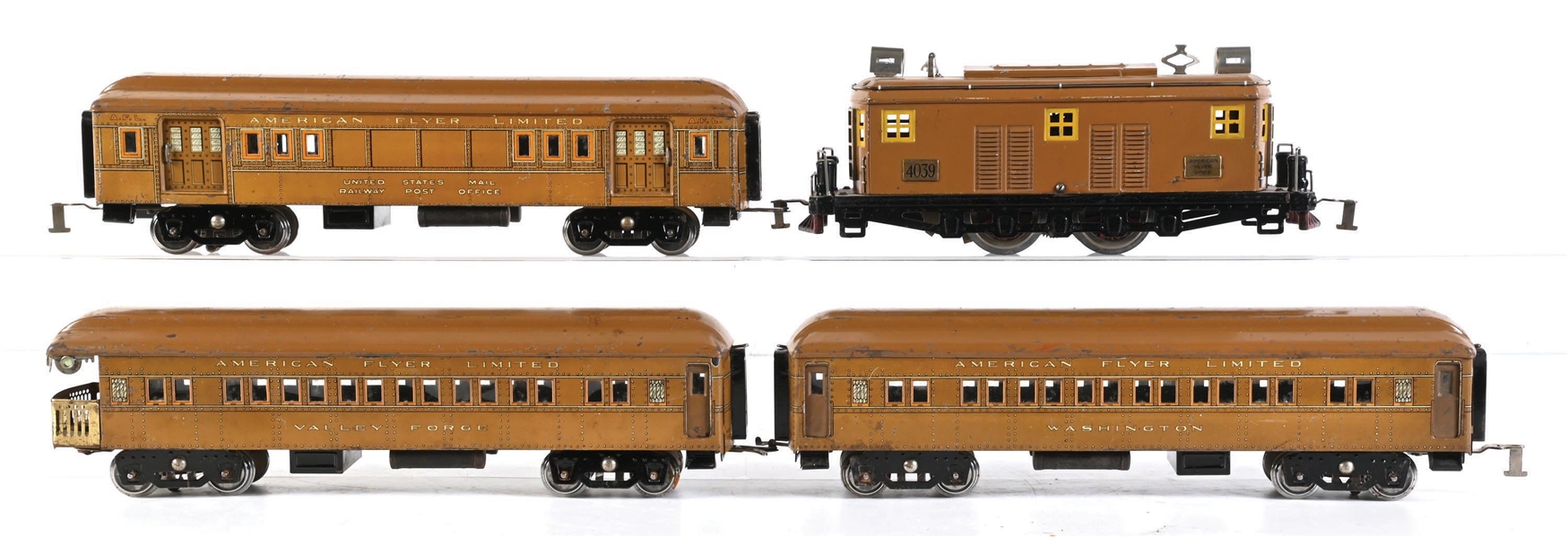 LOT OF 4: AMERICAN FLYER STANDARD GA. NO. 4039 LOCO W/ OBSERVATION AND U.S. MAIL CARS