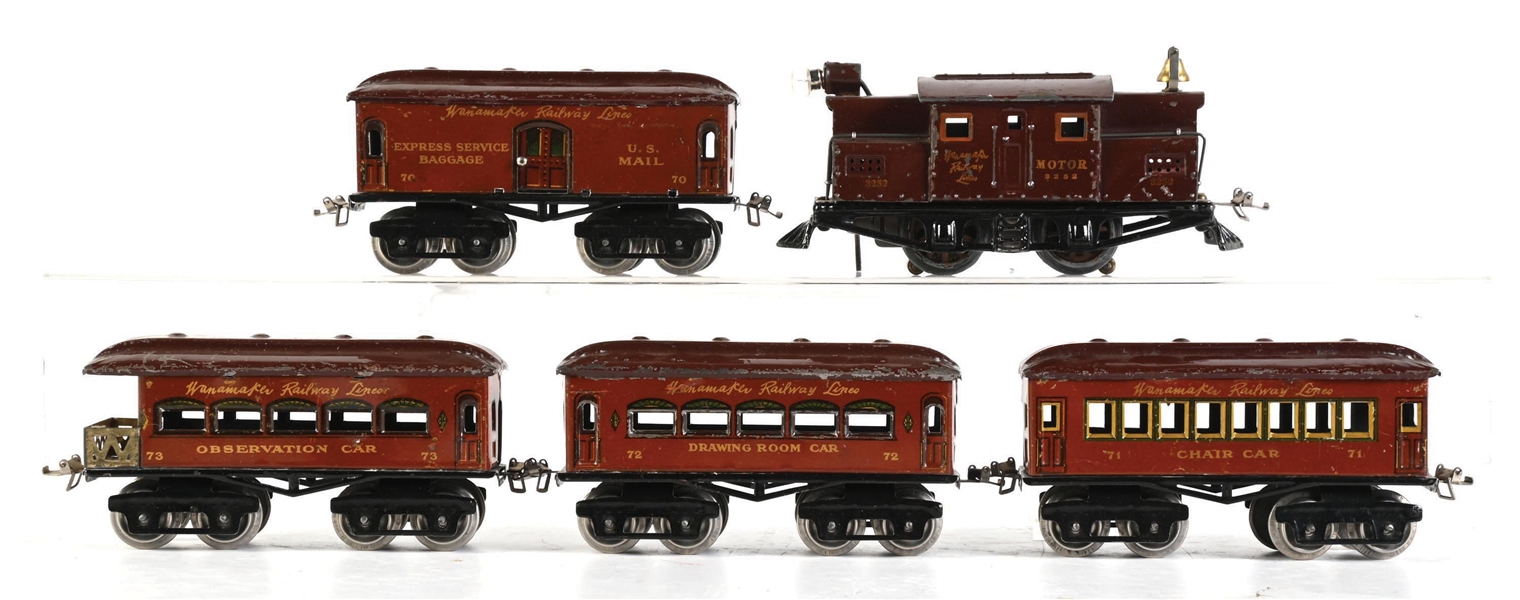 LOT OF 5: IVES 0 GA. JOHN WANAMAKER PRE-WAR TINPLATE PASSENGER SET