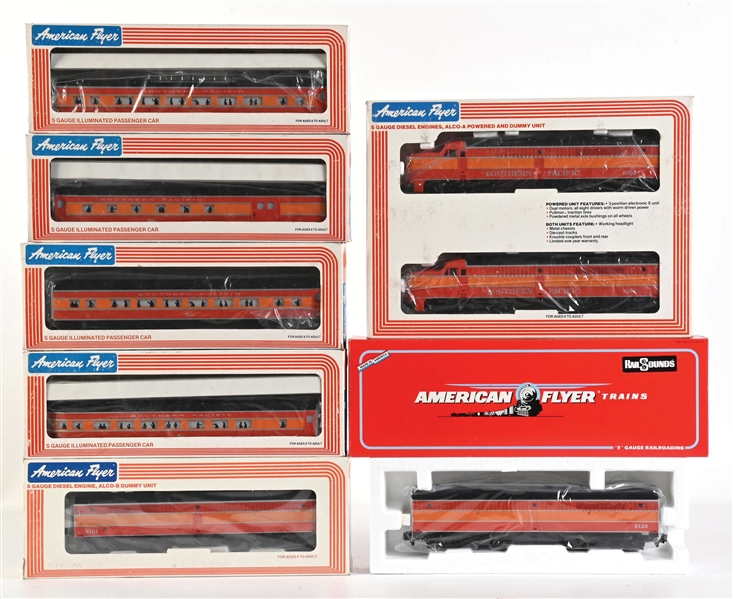 LOT OF 7: AMERICAN FLYER SET S GA. DIESEL ENGINES, ALCO A & B DUMMY UNITS W/ CARS