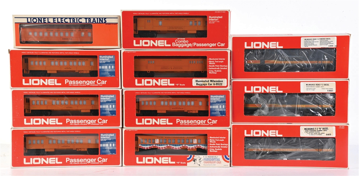 LOT OF 11: LIONEL O-GA. MILWAUKEE ROAD F-3 DIESEL DUMMY UNITS & ASSORTED PASSENGER CARS
