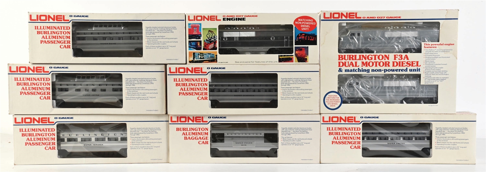 SET OF 8: LIONEL O-GA. BURLINGTON F-3A DUAL MOTOR DIESEL W/ ILLUMINATED ALUMINUM PASSENGER CARS