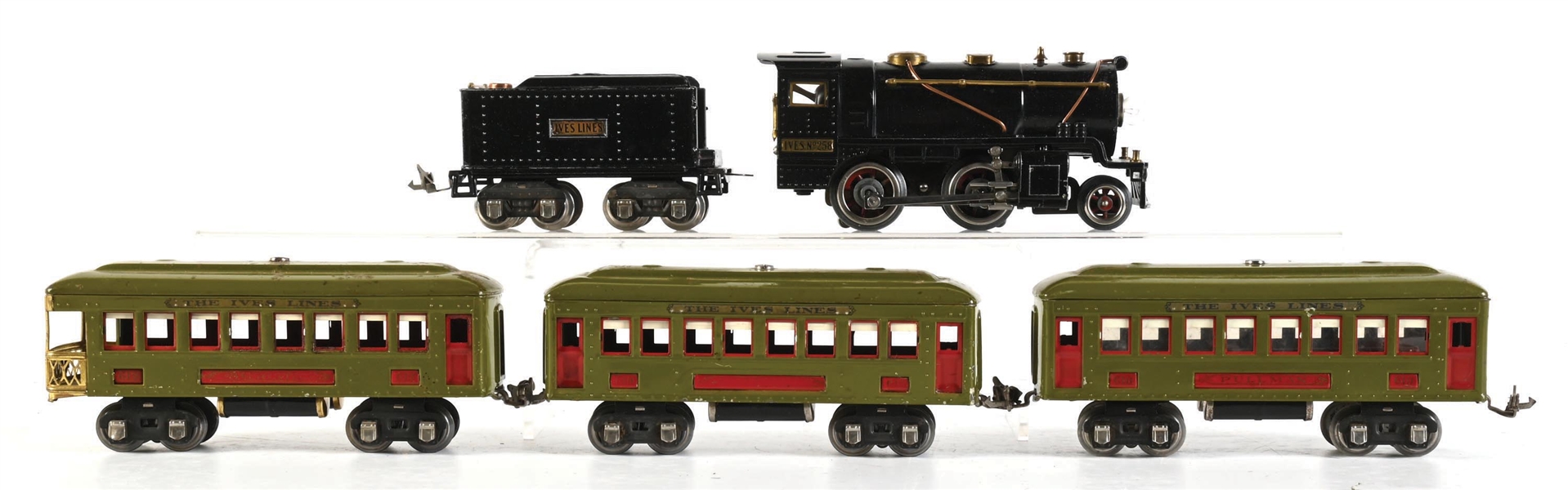 LOT OF 5: IVES LINES O-GA. TRANSITION SET NO. 258 LOCO W/ TENDER AND 3 PASSENGER CARS